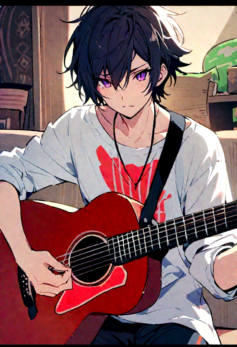A handsome boy with messy white hair and beautiful purple eyes playing the guitar