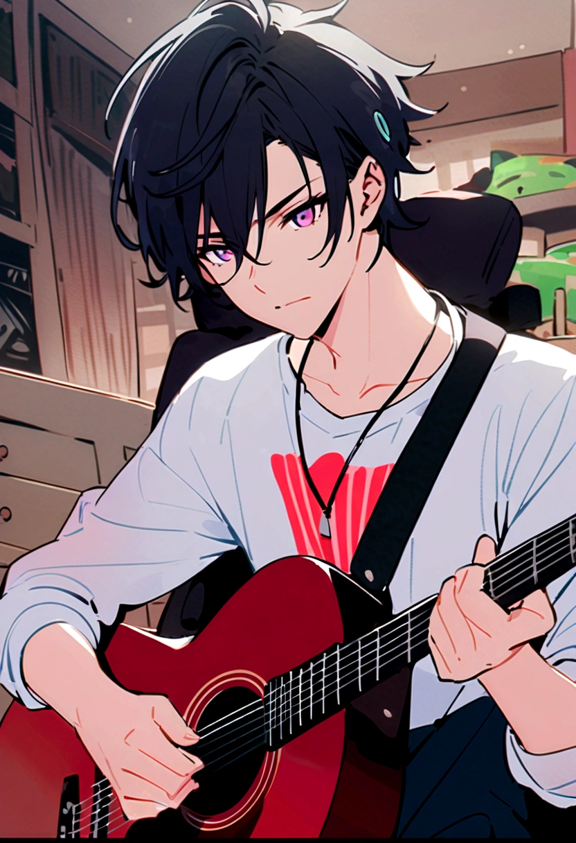 A handsome boy with messy white hair and beautiful purple eyes playing the guitar