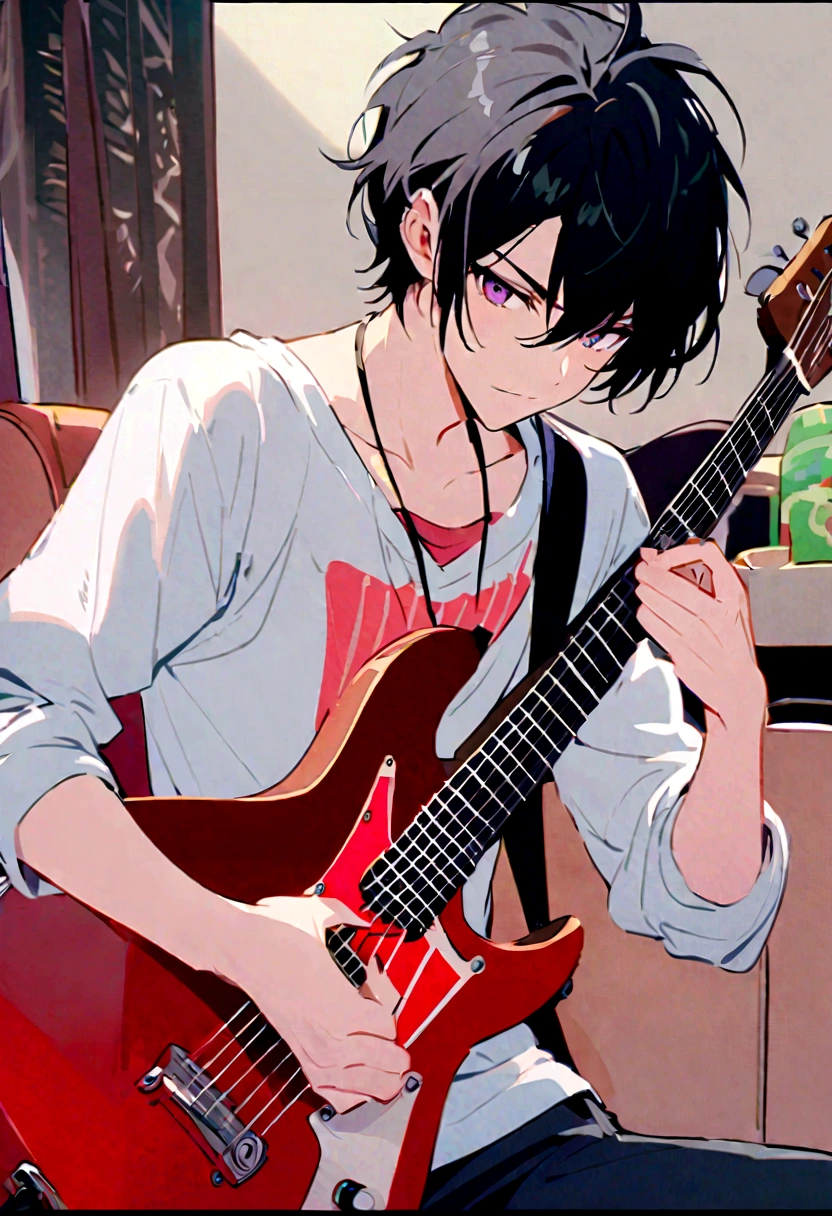 A handsome boy with messy white hair and beautiful purple eyes playing the guitar