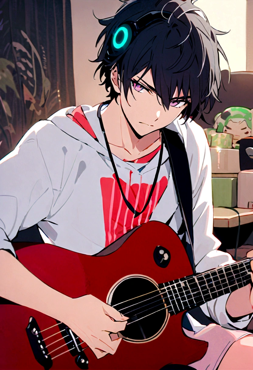 A handsome boy with messy white hair and beautiful purple eyes playing the guitar