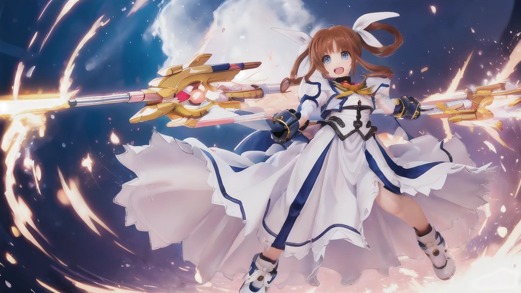 SFW,  One girl, (8K, Highest quality, masterpiece:1.2), (Professional Lighting:1.2), (whole body, Dynamic Angle,  From below:1.1),
A photo of a cute magical girl in white clothes,  takamachi nanoha, Cute Justice,  Flying in the air, Bright blue sky,  Light of the sun, Floating Clouds,  White magic beam, (Dynamic pose:1.5), relax, Joyful, [:D],
(Satin clothing:1.2), Luxury clothing with attention to detail, Short Twin Tails,   short hair, Hair Ribbon, blue eyes, armor, Long skirt, Fluffy long sleeves,  Gauntlet, Fingerless gloves,  shoes下, shoes,
Urzan-6500-v1.1