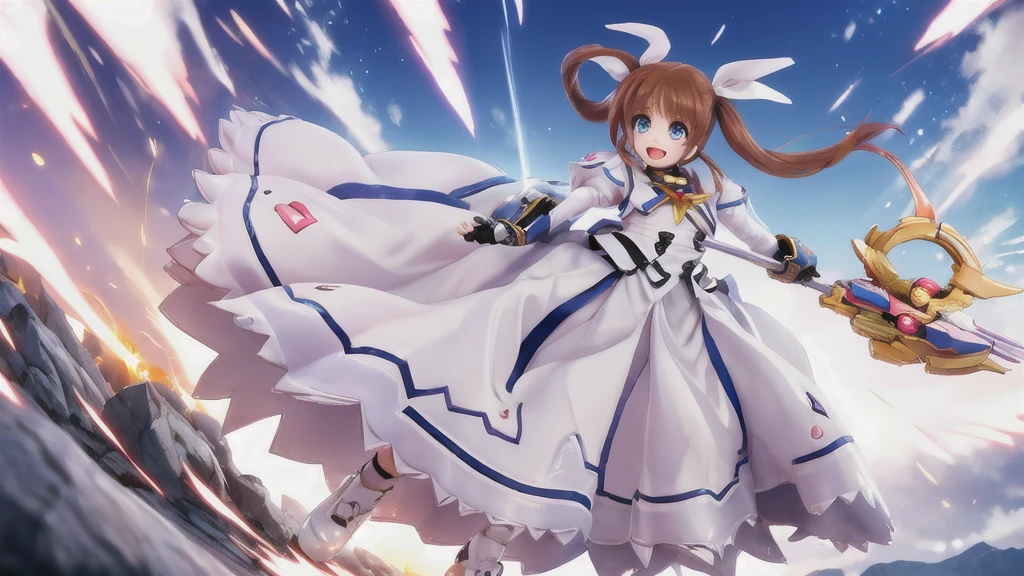 SFW,  One girl, (8K, Highest quality, masterpiece:1.2), (Professional Lighting:1.2), (whole body, Dynamic Angle,  From below:1.1),
A photo of a cute magical girl in white clothes,  takamachi nanoha, Cute Justice,  Flying in the air, Bright blue sky,  Light of the sun, Floating Clouds,  White magic beam, (Dynamic pose:1.5), relax, Joyful, [:D],
(Satin clothing:1.2), Luxury clothing with attention to detail, Short Twin Tails,   short hair, Hair Ribbon, blue eyes, armor, Long skirt, Fluffy long sleeves,  Gauntlet, Fingerless gloves,  shoes下, shoes,
Urzan-6500-v1.1