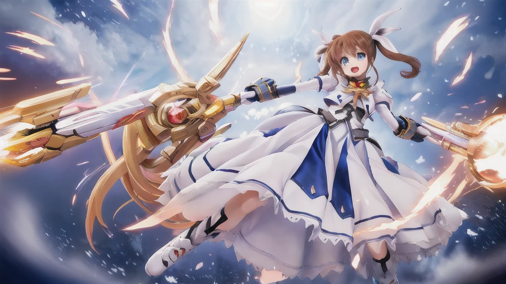 SFW,  One girl, (8K, Highest quality, masterpiece:1.2), (Professional Lighting:1.2), (whole body, Dynamic Angle,  From below:1.1),
A photo of a cute magical girl in white clothes,  takamachi nanoha, Cute Justice,  Flying in the air, Bright blue sky,  Light of the sun, Floating Clouds,  White magic beam, (Dynamic pose:1.5), relax, Joyful, [:D],
(Satin clothing:1.2), Luxury clothing with attention to detail, Short Twin Tails,   short hair, Hair Ribbon, blue eyes, armor, Long skirt, Fluffy long sleeves,  Gauntlet, Fingerless gloves,  shoes下, shoes,
Urzan-6500-v1.1