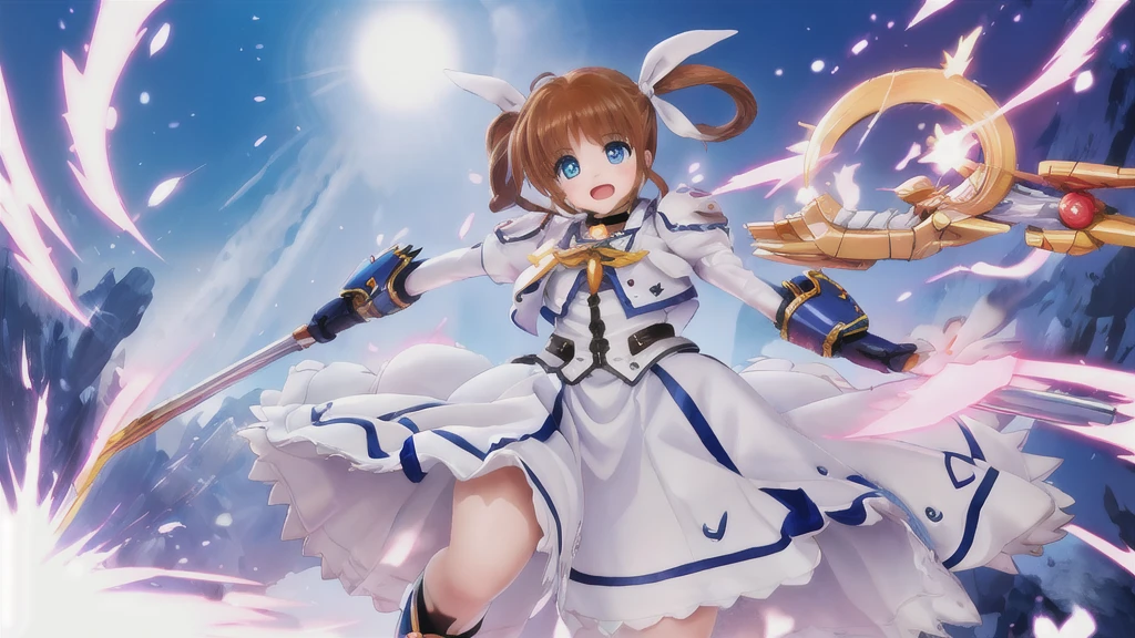 SFW,  One girl, (8K, Highest quality, masterpiece:1.2), (Professional Lighting:1.2), (whole body, Dynamic Angle,  From below:1.1),
A photo of a cute magical girl in white clothes,  takamachi nanoha, Cute Justice,  Flying in the air, Bright blue sky,  Light of the sun, Floating Clouds,  White magic beam, (Dynamic pose:1.5), relax, Joyful, [:D],
(Satin clothing:1.2), Luxury clothing with attention to detail, Short Twin Tails,   short hair, Hair Ribbon, blue eyes, armor, Long skirt, Fluffy long sleeves,  Gauntlet, Fingerless gloves,  shoes下, shoes,
Urzan-6500-v1.1