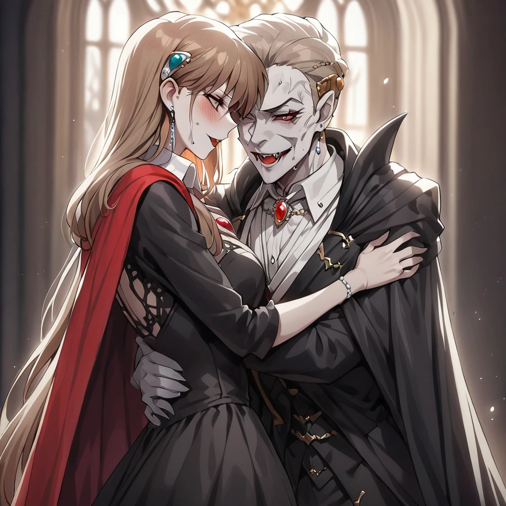 ((Highest quality)), ((masterpiece)), (detailed), （Perfect Face）、The woman is Princess Leona, a vampire and Countess of Dracula, with medium-long light brown hair, a gorgeous jeweled black dress and a vampire cloak, and is embracing the dignified elderly Count Dracula.