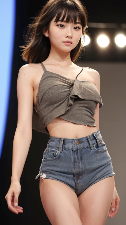 A girl walking down the runway at a fashion show, thigh, (Clothes with torn strings:1.5), (High resolution:1.3), (16K, Realistic, RAW Photos, Best image quality: 1.4), (One Girl), Beautiful Face, (Lively Faces), Beautiful hairstyle, Realistic eyes, Beautiful and exquisite, (Realistic Skin), Beautiful skins, charm, 超High resolution, Surreal, High detail, Golden Ratio, Highly detailed cute girl,(20-year-old), Nipples, Belly button