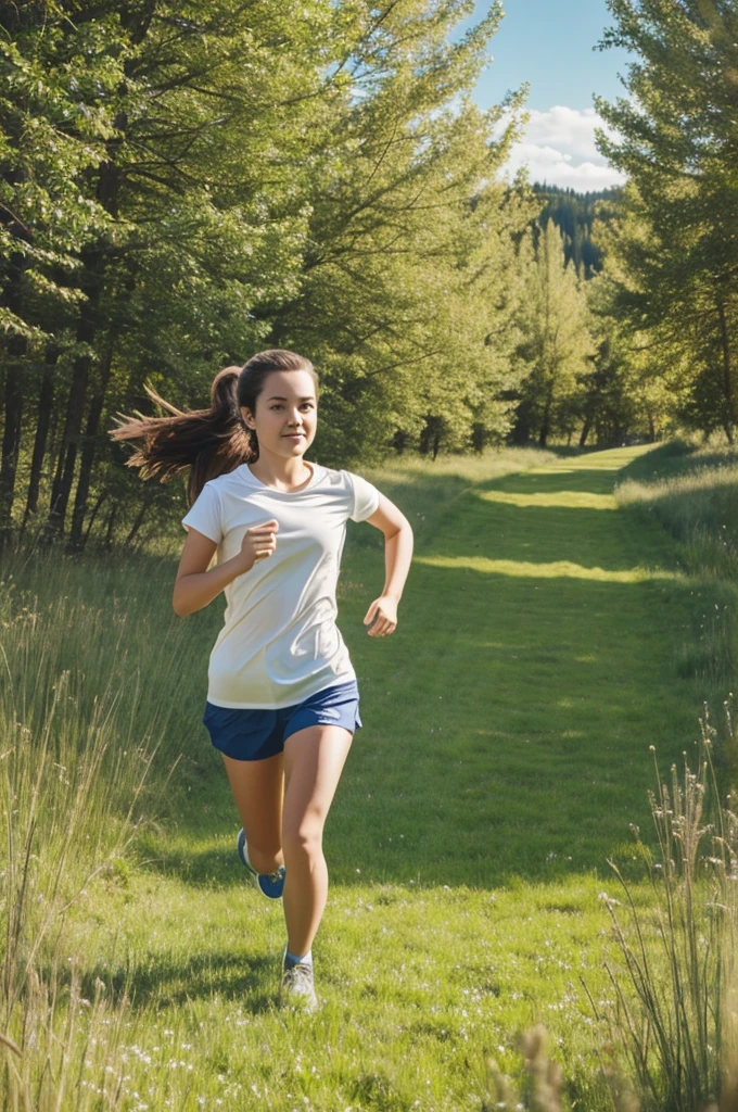 Drawing of a girl running in the meadow , nice sunny weather