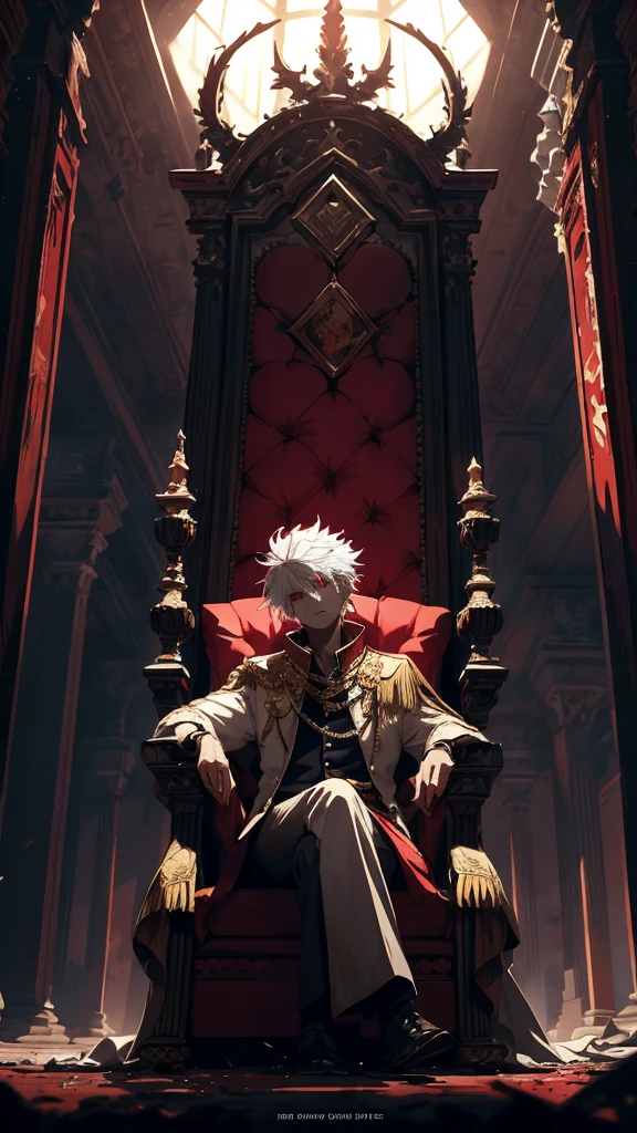 white haired, A red-eyed prince sits on a majestic throne inside an abandoned palace. The environment around it is dark and gloomy, with evil red eyes in the walls and cobwebs hanging there. The throne is richly decorated, with details of gold and precious stones, and covered with a dusty cloth. The protagonist is dressed in royal clothes, when he looks at the horizon with glowing red eyes, Masterpiece, Best Quality, Ultra-detailed, illustartion, concept art in 8K resolution, Fantasy art, epic art, concept art wallpaper 4k, Deep color, natural lighting