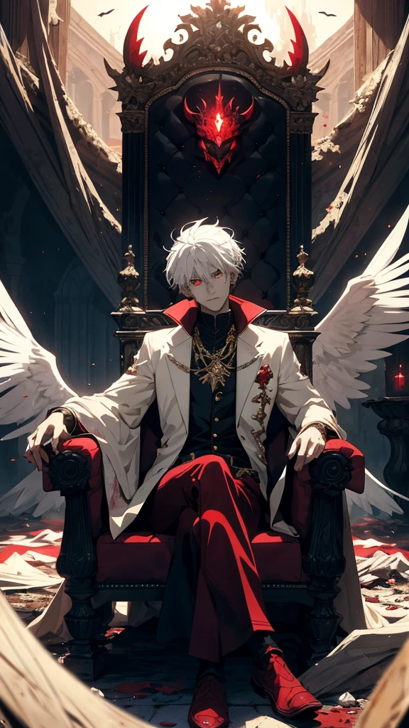 white haired, A red-eyed prince sits on a majestic throne inside an abandoned palace. The environment around it is dark and gloomy, with evil red eyes in the walls and cobwebs hanging there. The throne is richly decorated, with details of gold and precious stones, and covered with a dusty cloth. The protagonist is dressed in royal clothes, when he looks at the horizon with glowing red eyes, Masterpiece, Best Quality, Ultra-detailed, illustartion, concept art in 8K resolution, Fantasy art, epic art, concept art wallpaper 4k, Deep color, natural lighting