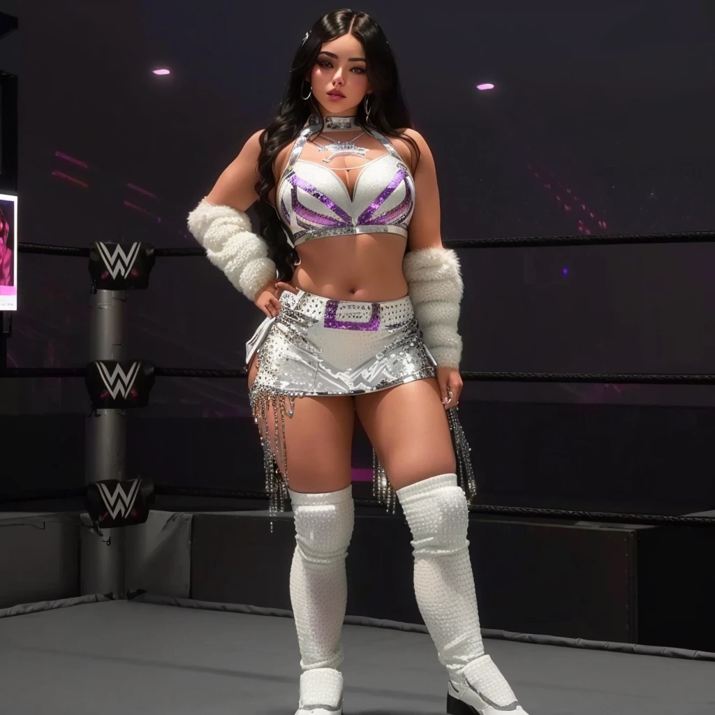 a close up of a woman in a wrestling outfit posing for a picture, violet myers, chrome outfit, inspired by Ion Andreescu, inspired by Gina Pellón, photo from 2022, 2 0 2 2, 2022, 2 k aesthetic, platinum attire, inspired by Briana Mora, sharp silver armor fuchsia skin