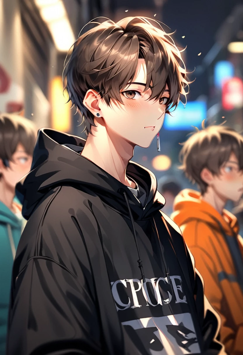 1 Boy，黑色hoodie，Vague，背景Vague，前景Vague，Brown short hair，，With a cigarette in his mouth，Depth of Field，Focus，hood，hood向下，hoodie，Looking at the audience，运动Vague，Multiple boys，单独Focus