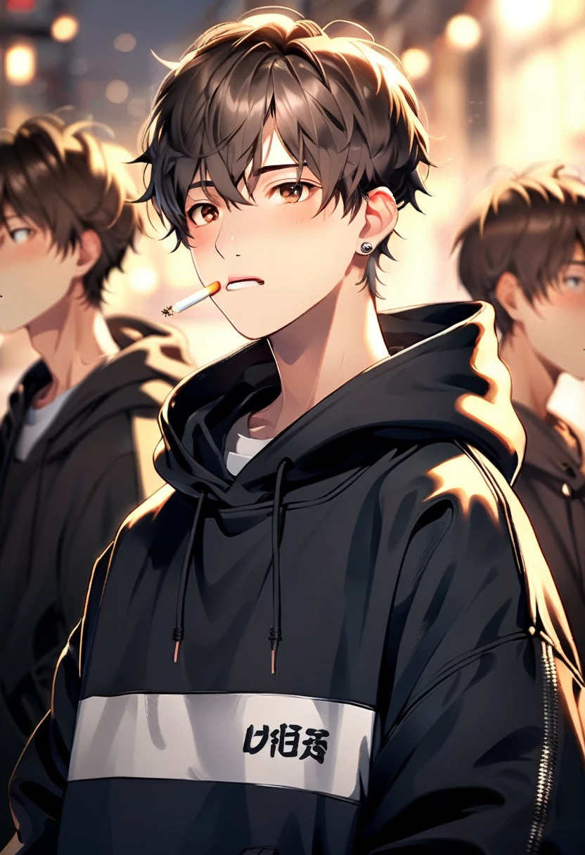1 Boy,黑色hoodie,Vague,背景Vague,前景Vague,Brown short hair,,With a cigarette in his mouth,Depth of Field,Focus,hood,hood向下,hoodie,Looking at the audience,运动Vague,Multiple boys,单独Focus