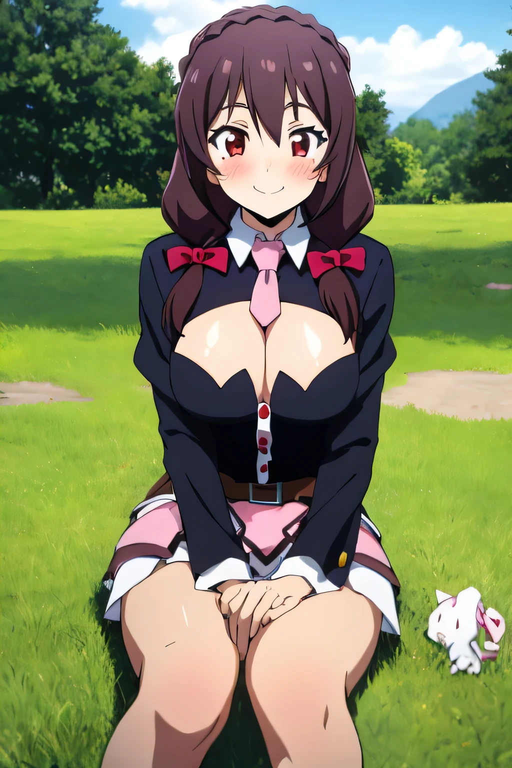 (masterpiece, Highest quality), One girl, Yunyun,Long Hair,Braiding,Twin tails,Hair between the eyes,Red hair ribbon,hair ornaments,large round breasts,、Pink Skirt、Black Hair、Red Eyes、(Happy Face:1.2)、Crown Blade,Black Shirt, Long sleeve,Pink tie, belt, Cleavage cutout、cowboy shot、(blush:1.ung face、(Sitting in the grass eating a sandwich)