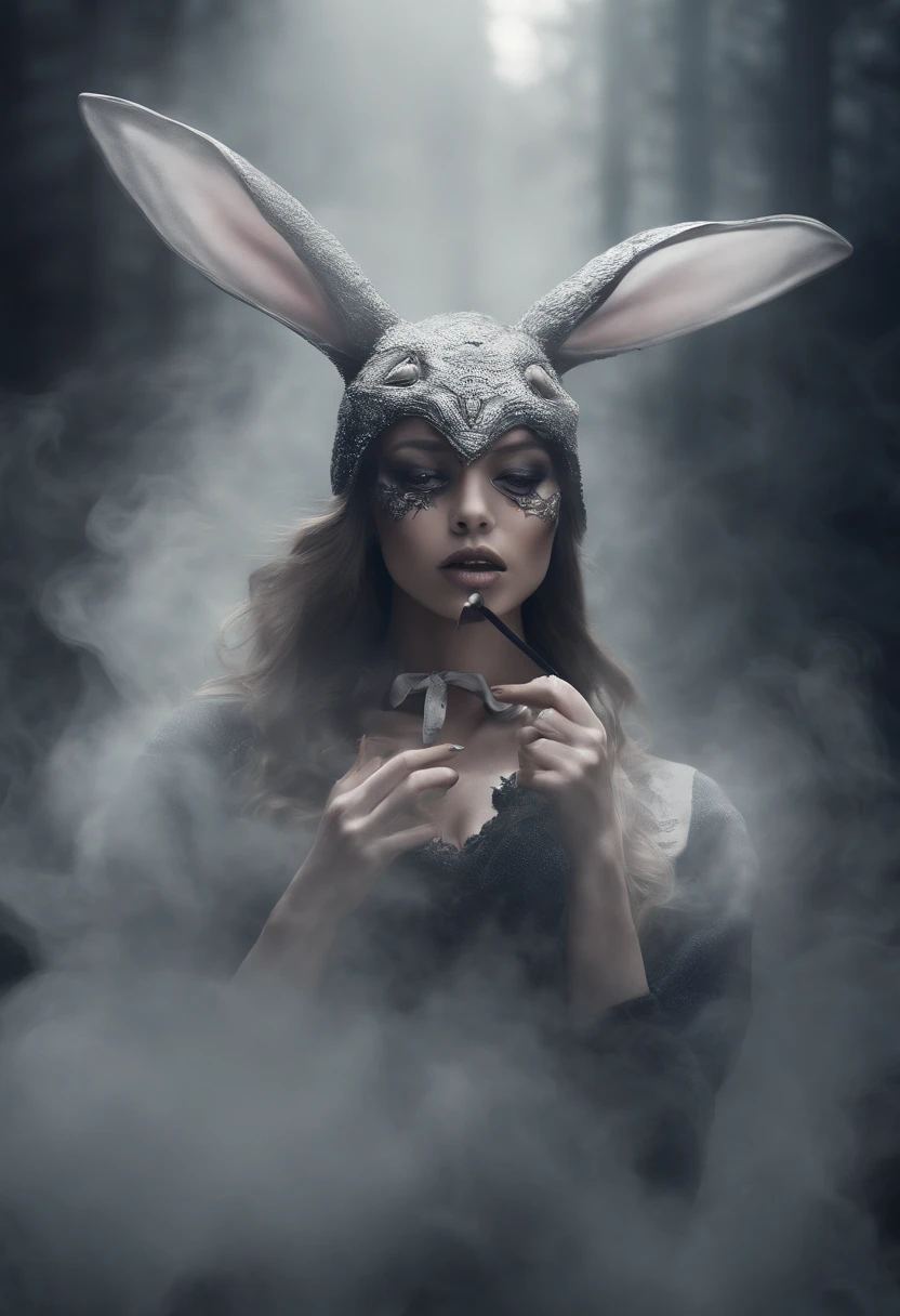 “A realcartoon style of digital artwork featuring a mysterious woman. The figure's face is partially covered by sm“A surrealistic cartoon-style digital artwork featuring a mysterious woman. The figure's face is partially covered by smoke that forms an ethereal rabbit mask. Their surroundings are filled with mist and subtle reflections, emphasizing the dreamlike fusion of human form and smoke elements. The lighting should be cinematic, producing dramatic shadows and highlights. The background is a thin mist that forms the face of a transparent rabbit with a scar on its face." 🌟✨oke that forms a transparent rabbit mask. Their surroundings are full of mist and subtle reflections, emphasizing the surreal blend of human form and smoke elements. The lighting should be cinematic, producing dramatic shadows and highlights. The background is mysterious and mystic smoke in the dark." 🌟✨
