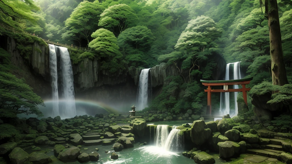 (Majestic Nachi Falls), (Wakayama, Japan), (lush green forest), (sacred Torii gate of Hiro Shrine), (powerful waterfall), (133 meters tall), (sunlight creating a rainbow), (mystical atmosphere), (ancient shrine), (worshippers on stone steps), (forest serenity), (water spray sparkling in sunlight), (spiritual energy), (traditional Japanese elements), (peaceful scenery)
