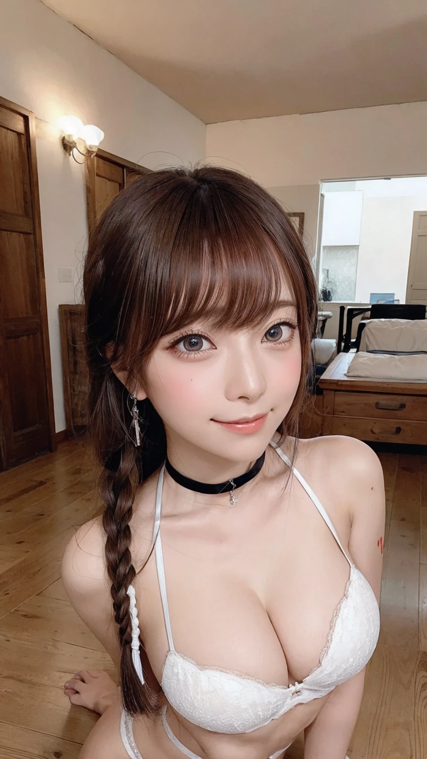 :1.4、Highest quality, 8K, masterpiece、smile, Braiding, (((whole body:1.6))),  to , Thighs、Beautiful legs、choker、Beautiful eyes、Beautiful woman with perfect figure :1.4, Slim Abs:1.2, Thick brown hair,  bigger than your head:1.2、Highly detailed face and skin texture, double eyelid,(lying:1.4)