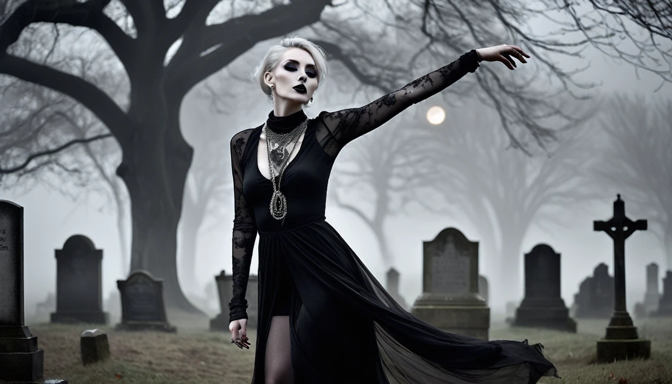 A stunning, high-realistic, full body photograph of a skinny slender scandinavian goth woman goth tatttos, pale skin, goth make-up dramaticly dancing at old graveyard, fog, dark sinister atmospheric. lit by the full moon at night. clothed only in intricately draped, flowing black silk scarves, evoking a sense of elegance and grace. Captured in a monochromatic color palette, the black and white tone amplifies the textures and shadows, adding depth to the fluid, energetic movement of the subject. Soft, diffused lighting accentuates the woman's sinuous curves, as her slender limbs seem to blur in motion, exuding a sense of freedom and melancholy.