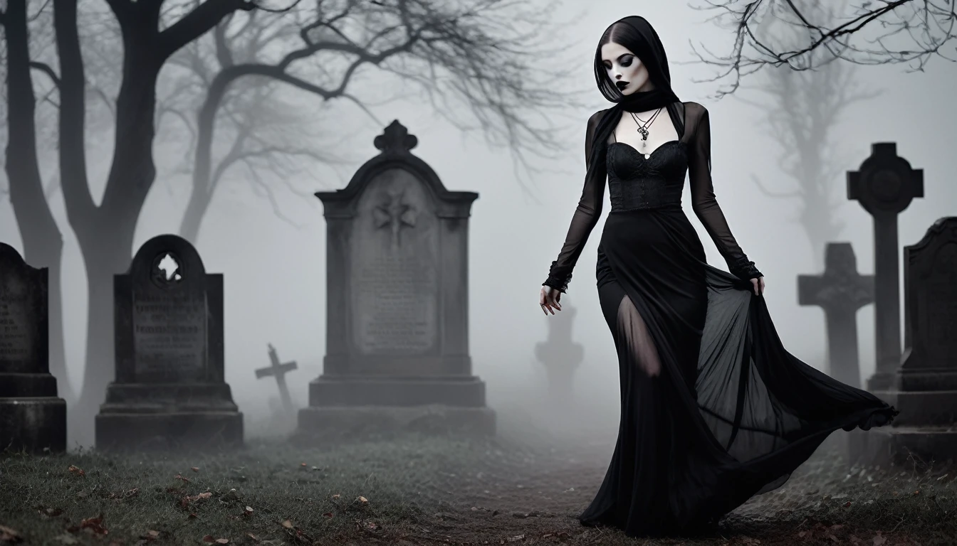 A stunning, high-realistic, full body photograph of a skinny slender scandinavian goth woman goth tatttos, pale skin, goth make-up dramaticly dancing at old graveyard, fog, dark sinister atmospheric. lit by the full moon at night. clothed only in intricately draped, flowing black silk scarves, evoking a sense of elegance and grace. Captured in a monochromatic color palette, the black and white tone amplifies the textures and shadows, adding depth to the fluid, energetic movement of the subject. Soft, diffused lighting accentuates the woman's sinuous curves, as her slender limbs seem to blur in motion, exuding a sense of freedom and melancholy.