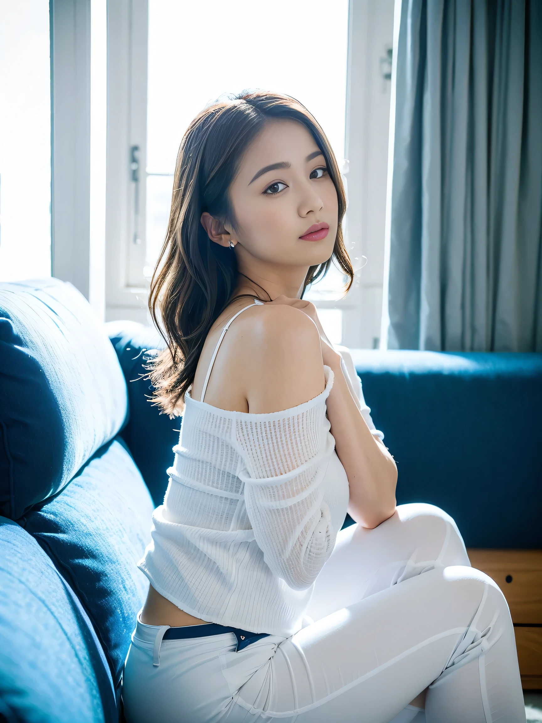 Top quality, 1 beautiful woman,plump,wearing white Asymmetrical top,blue pants, 35mm lens, f/1,feeing good,Sitting with Knees Up on sofa at living, spread legs,(from side:1.3)