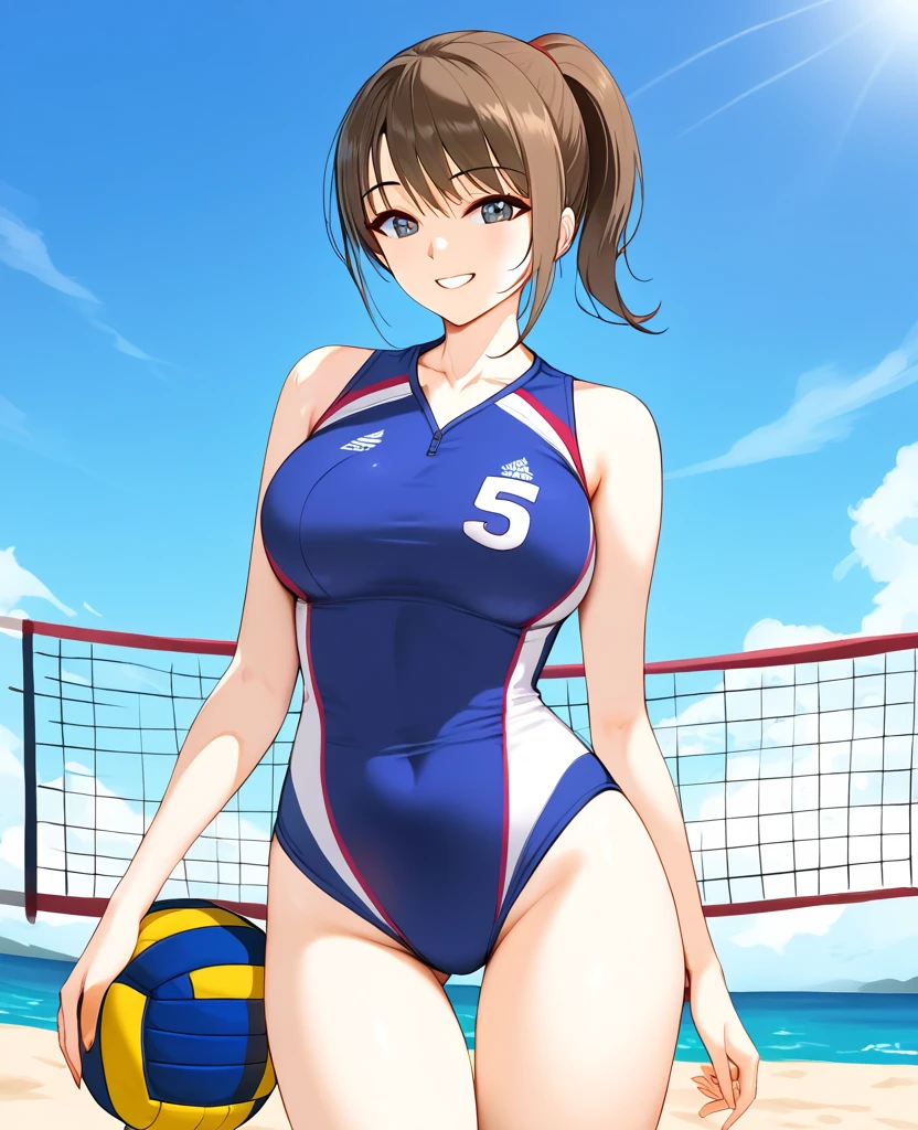 1girl, ultra high res, large chest, volleyball suit, thigh, ponytail, smile, tall, solo