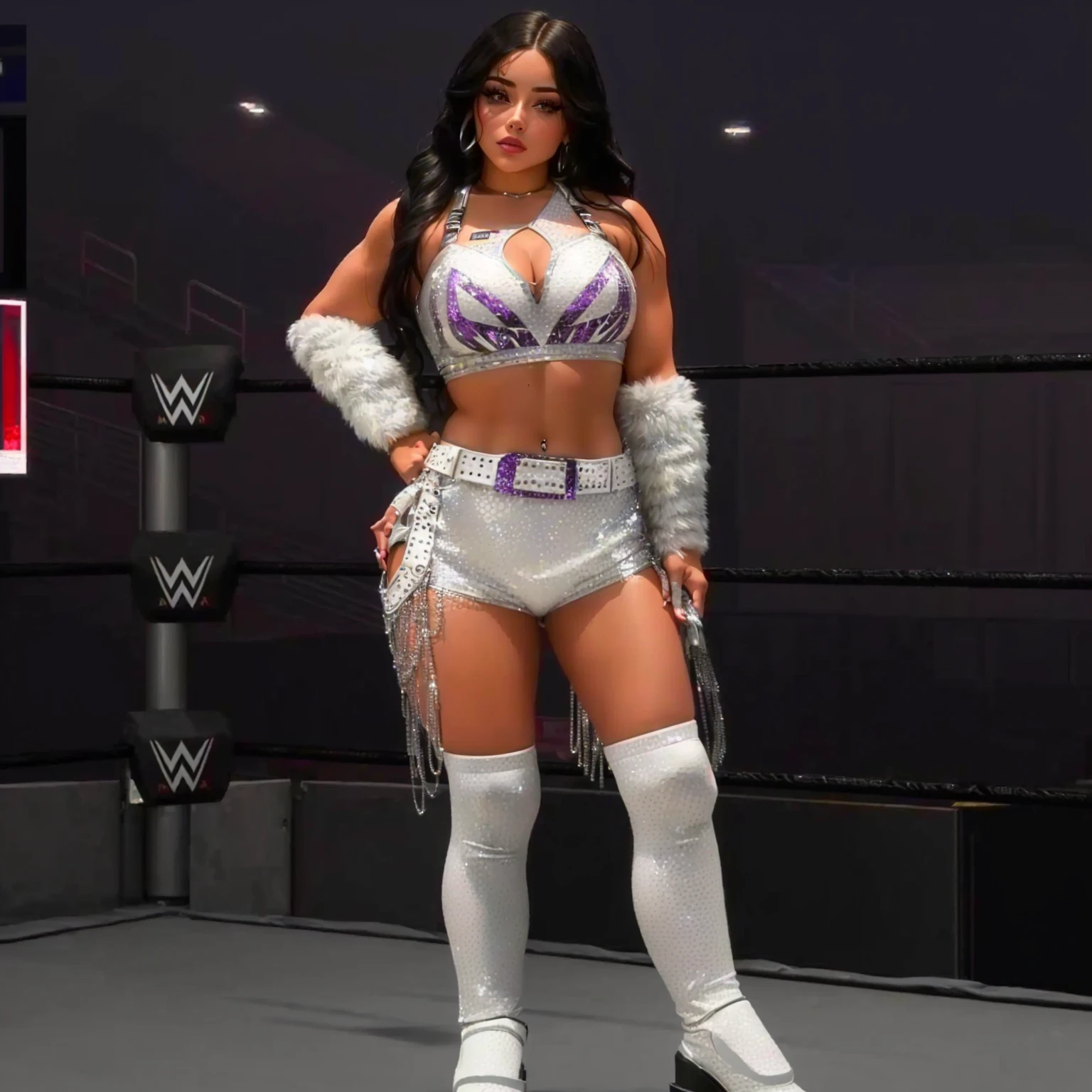 a close up of a woman in a wrestling outfit posing for a picture, violet myers, chrome outfit, inspired by Ion Andreescu, inspired by Gina Pellón, photo from 2022, 2 0 2 2, 2022, 2 k aesthetic, platinum attire, inspired by Briana Mora, sharp silver armor fuchsia skin