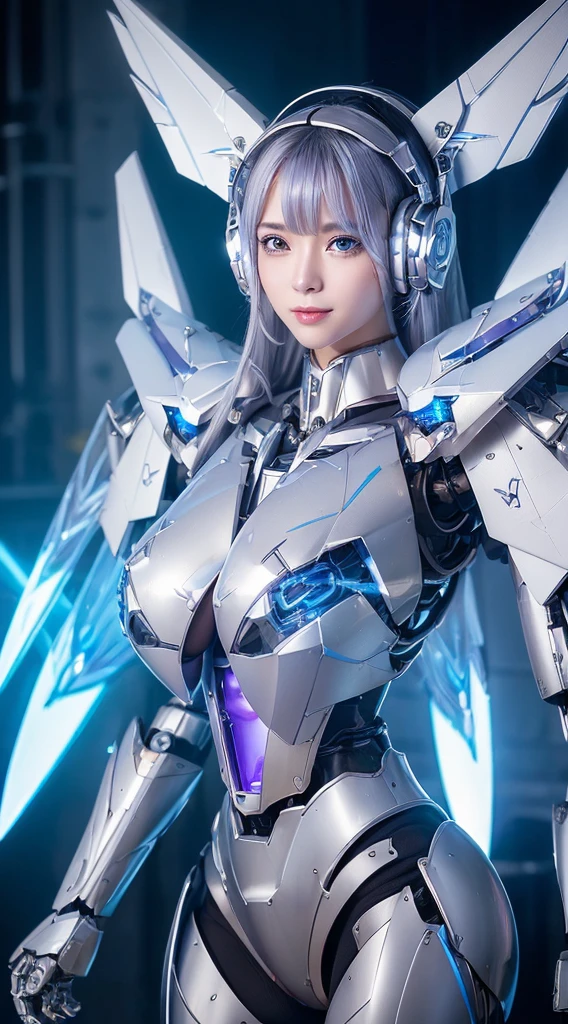 ((Intense action pose:1.6))、((Shining lenses on both breasts:1.3))、((Blue pillars of light are emanating from both chests.:1.3))、smile、((8K)), ((32k)), ((Highest quality)), ((masterpiece)), ((超A high resolution)), ((Tmasterpiece)), ((Halation:1.4))、((Mechaニカルheadgear:1.2))、((Cyber headphones:1.3))、Fine skin, High quality fabric, Fine metal texture、((Beautiful and dense face))、RAW Photos、Professional, Ultra-fine painting, ((alone)), Beautiful breasts、Highest quality, Very detailed, Very detailed詳細, Finer details, so beautiful, ((Princess Knight Robot:1.2)),  (Joints of machines, Mechanical Limbs:1.3), (The internal structure of the machine is exposed:1.3), (Long silver hair:1.1), (Beautiful and huge mechanical breasts)、White Veil, cowboy_shot, Side Focus, headgear, Shiny、(Five Fingers, Four fingers and thumb),Concept Art, Anime fantasy artwork, Detailed fantasy art, (with pale blue-violet hair and large white wings,,,,,,,), (((Long silver hair))), (Mecha:1.6)、Sleek and intimidating design, ((Commander-in-Chief&#39;arm)), (Perfect robot body)、純白と青紫armまたは, Symmetrical wings, 8K high quality, detailed art, 3D rendering of character art in 8K, neat legs, Defined, Defined fingers,