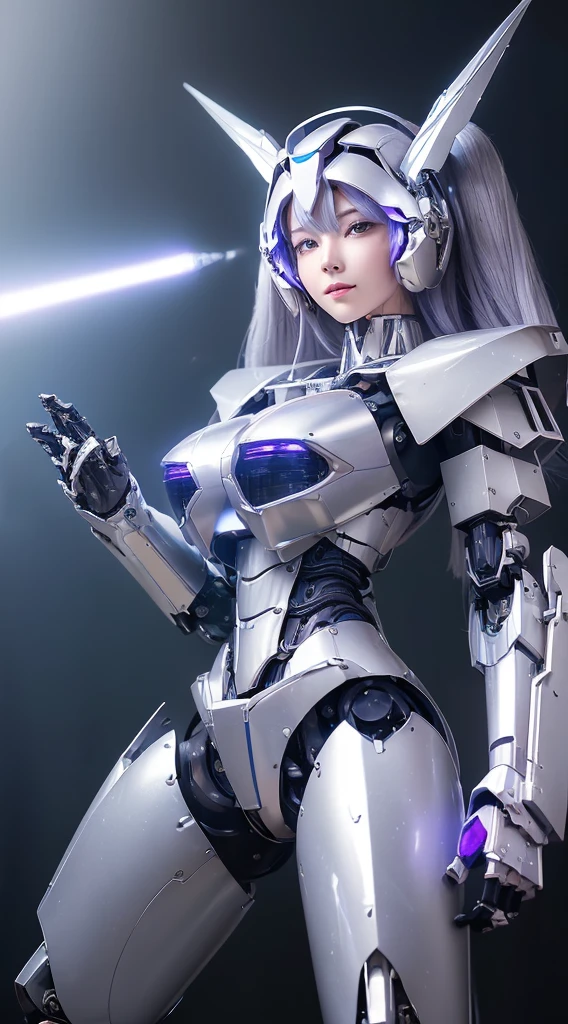 ((Intense action pose:1.6))、((Shining lenses on both breasts:1.3))、((Blue pillars of light are emanating from both chests.:1.3))、smile、((8K)), ((32k)), ((Highest quality)), ((masterpiece)), ((超A high resolution)), ((Tmasterpiece)), ((Halation:1.4))、((Mechaニカルheadgear:1.2))、((Cyber headphones:1.3))、Fine skin, High quality fabric, Fine metal texture、((Beautiful and dense face))、RAW Photos、Professional, Ultra-fine painting, ((alone)), Beautiful breasts、Highest quality, Very detailed, Very detailed詳細, Finer details, so beautiful, ((Princess Knight Robot:1.2)),  (Joints of machines, Mechanical Limbs:1.3), (The internal structure of the machine is exposed:1.3), (Long silver hair:1.1), (Beautiful and huge mechanical breasts)、White Veil, cowboy_shot, Side Focus, headgear, Shiny、(Five Fingers, Four fingers and thumb),Concept Art, Anime fantasy artwork, Detailed fantasy art, (with pale blue-violet hair and large white wings,,,,,,,), (((Long silver hair))), (Mecha:1.6)、Sleek and intimidating design, ((Commander-in-Chief&#39;arm)), (Perfect robot body)、純白と青紫armまたは, Symmetrical wings, 8K high quality, detailed art, 3D rendering of character art in 8K, neat legs, Defined, Defined fingers,