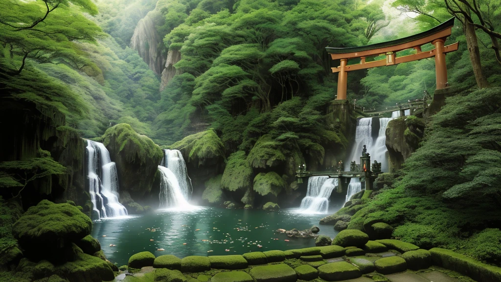 (Majestic Nachi Falls), (Wakayama, Japan), (lush green forest), (sacred Torii gate of Hiro Shrine), (powerful waterfall), (133 meters tall), (sunlight creating a rainbow), (mystical atmosphere), (ancient shrine), (worshippers on stone steps), (forest serenity), (water spray sparkling in sunlight), (spiritual energy), (traditional Japanese elements), (peaceful scenery)