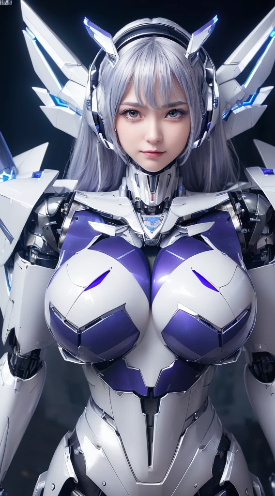 ((Intense action pose:1.6))、((Shining lenses on both breasts:1.3))、((Blue pillars of light are emanating from both chests.:1.3))、smile、((8K)), ((32k)), ((Highest quality)), ((masterpiece)), ((超A high resolution)), ((Tmasterpiece)), ((Halation:1.4))、((Mechaニカルheadgear:1.2))、((Cyber headphones:1.3))、Fine skin, High quality fabric, Fine metal texture、((Beautiful and dense face))、RAW Photos、Professional, Ultra-fine painting, ((alone)), Beautiful breasts、Highest quality, Very detailed, Very detailed詳細, Finer details, so beautiful, ((Princess Knight Robot:1.2)), (Joints of machines, Mechanical Limbs:1.3), (The internal structure of the machine is exposed:1.3), (Long silver hair:1.1), (Beautiful and huge mechanical breasts)、White Veil, cowboy_shot, Side Focus, headgear, Shiny、(Five Fingers, Four fingers and thumb),Concept Art, Anime fantasy artwork, Detailed fantasy art, (with pale blue-violet hair and large white wings,,,,,,,), (((Long silver hair))), (Mecha:1.6)、Sleek and intimidating design, ((Commander-in-Chief'arm)), (Perfect robot body)、純白と青紫armまたは, Symmetrical wings, 8K high quality, detailed art, 3D rendering of character art in 8K, neat legs, Defined, Defined fingers,