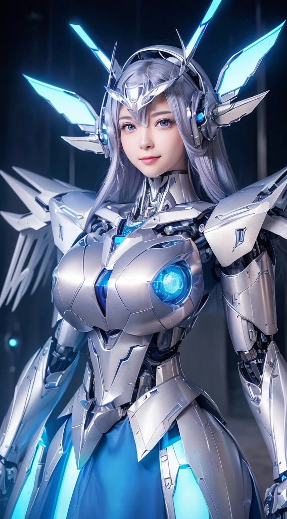 ((Intense action pose:1.6))、((Shining lenses on both breasts:1.3))、((Blue pillars of light are emanating from both chests.:1.3))、smile、((8K)), ((32k)), ((Highest quality)), ((masterpiece)), ((超A high resolution)), ((Tmasterpiece)), ((Halation:1.4))、((Mechaニカルheadgear:1.2))、((Cyber headphones:1.3))、Fine skin, High quality fabric, Fine metal texture、((Beautiful and dense face))、RAW Photos、Professional, Ultra-fine painting, ((alone)), Beautiful breasts、Highest quality, Very detailed, Very detailed詳細, Finer details, so beautiful, ((Princess Knight Robot:1.2)), (Joints of machines, Mechanical Limbs:1.3), (The internal structure of the machine is exposed:1.3), (Long silver hair:1.1), (Beautiful and huge mechanical breasts)、White Veil, cowboy_shot, Side Focus, headgear, Shiny、(Five Fingers, Four fingers and thumb),Concept Art, Anime fantasy artwork, Detailed fantasy art, (with pale blue-violet hair and large white wings,,,,,,,), (((Long silver hair))), (Mecha:1.6)、Sleek and intimidating design, ((Commander-in-Chief'arm)), (Perfect robot body)、純白と青紫armまたは, Symmetrical wings, 8K high quality, detailed art, 3D rendering of character art in 8K, neat legs, Defined, Defined fingers,