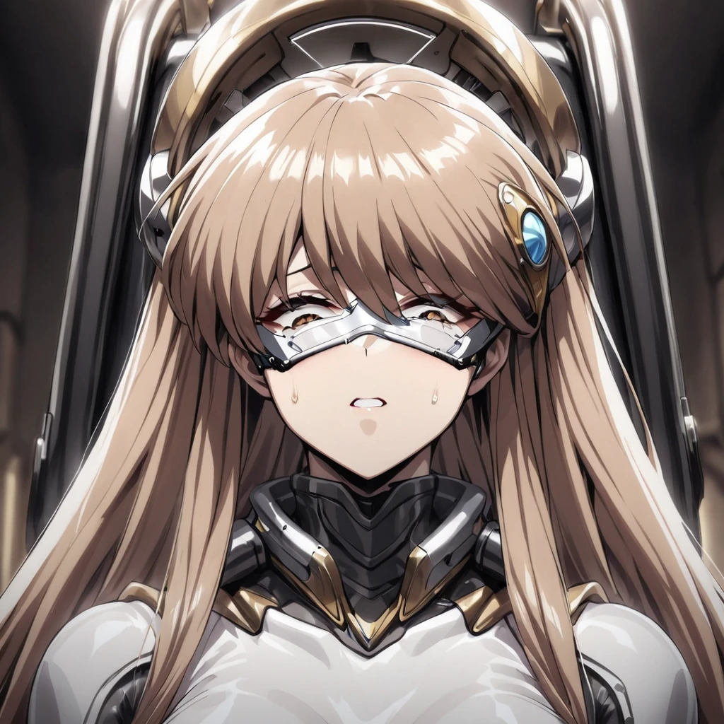 ((Highest quality)), ((masterpiece)), (detailed), （Perfect Face）、The woman is Princess Leona, with light brown, medium-long hair.々He was restrained by being made to wear a shiny body suit connected to various cords and machines, and made to sit in a mechanical chair-type brainwashing device that was bigger than his height.々They are connected to a device that has brainwashed and modified them.、The woman has a blank look on her face as the brainwashing device is administered, and the brainwashing is complete.