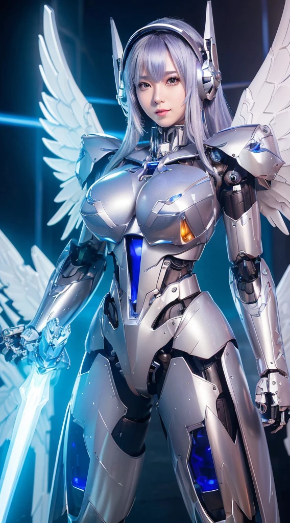 ((Intense action pose:1.6))、((Shining lenses on both breasts:1.3))、((Blue pillars of light are emanating from both chests.:1.3))、smile、((8K)), ((32k)), ((Highest quality)), ((masterpiece)), ((超A high resolution)), ((Tmasterpiece)), ((Halation:1.4))、((Mechaニカルheadgear:1.2))、((Cyber headphones:1.3))、Fine skin, High quality fabric, Fine metal texture、((Beautiful and dense face))、RAW Photos、Professional, Ultra-fine painting, ((alone)), Beautiful breasts、Highest quality, Very detailed, Very detailed詳細, Finer details, so beautiful, ((Princess Knight Robot:1.2)),  (Joints of machines, Mechanical Limbs:1.3), (The internal structure of the machine is exposed:1.3), (Long silver hair:1.1), (Beautiful and huge mechanical breasts)、White Veil, cowboy_shot, Side Focus, headgear, Shiny、(Five Fingers, Four fingers and thumb),Concept Art, Anime fantasy artwork, Detailed fantasy art, (with pale blue-violet hair and large white wings,,,,,,,), (((Long silver hair))), (Mecha:1.6)、Sleek and intimidating design, ((Commander-in-Chief&#39;arm)), (Perfect robot body)、純白と青紫armまたは, Symmetrical wings, 8K high quality, detailed art, 3D rendering of character art in 8K, neat legs, Defined, Defined fingers,
