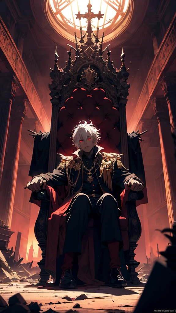 white haired, A red-eyed prince sits on a majestic throne inside an abandoned palace. The environment around it is dark and gloomy, with evil red eyes in the walls and cobwebs hanging there. The throne is richly decorated, with details of gold and precious stones, and covered with a dusty cloth. The protagonist is dressed in royal clothes, when he looks at the horizon with glowing red eyes, Masterpiece, Best Quality, Ultra-detailed, illustartion, concept art in 8K resolution, Fantasy art, epic art, concept art wallpaper 4k, Deep color, natural lighting