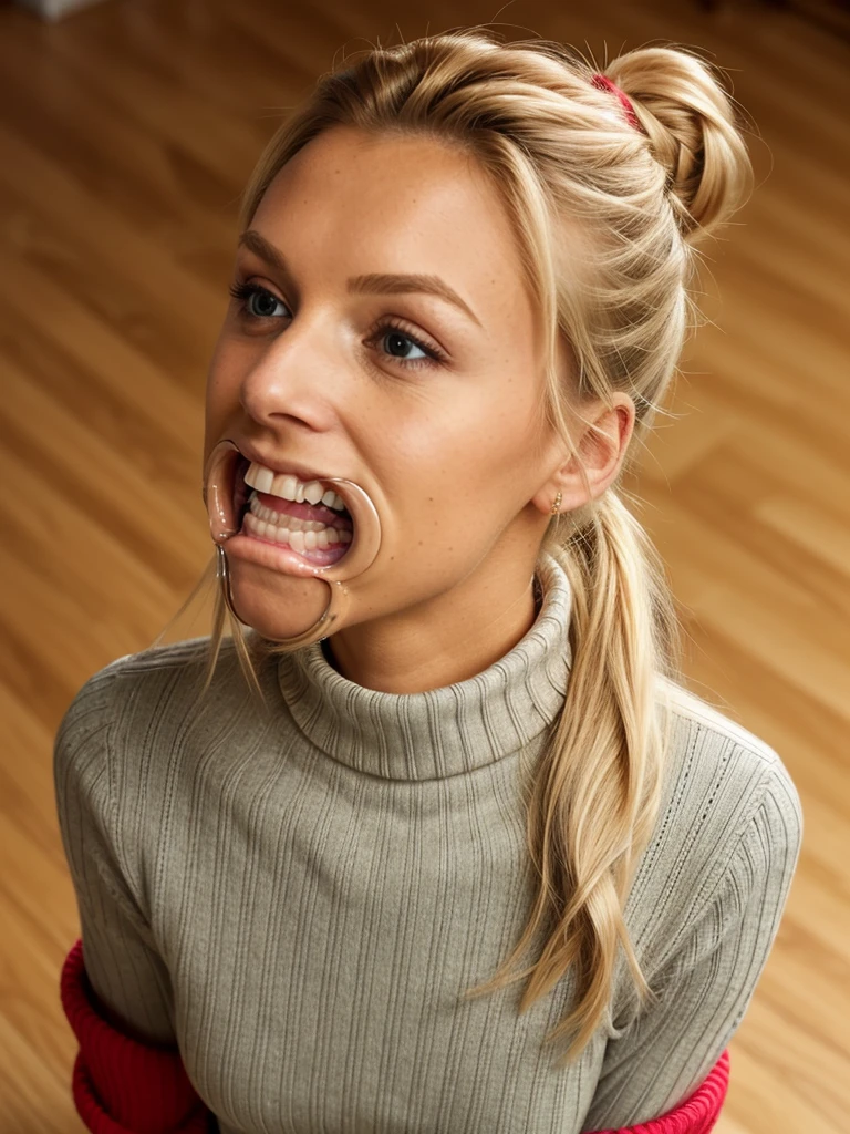 photo of a skinny blonde submissive wife messy long hair thrown into a messy bun ponytail. She wears: (turtleneck high ribbed bright red tight sweater:1.1), submissive seductive pose, high tight ribbed neck, seductive smile, perfect fake tits, horny eager granny, teasing sexy old lady, mouth retractor gag, turtleneck top