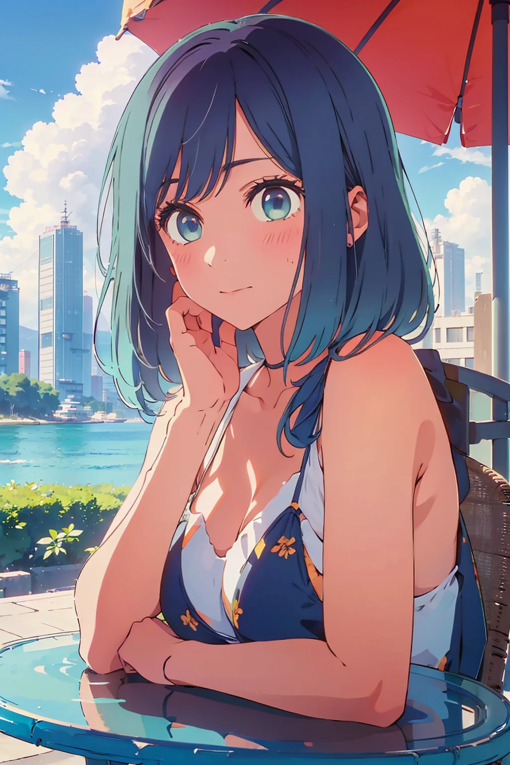 (Highest quality:1.4、8K:1.4、detailed)、F cup bust、Big Breasts、Slim body、Very white beautiful skin、((((1 person、Surprised expression、sit、Chair、In the background are the urban buildings of Tokyo、looking at the camera、Outdoor café terrace、coastal、Navy hair color、juice、Shooting up close、table、Very cute face))))、(Pose of putting hair behind ears with hands:1.4)、((nude、Areola))、Oversized Bikini、Very blue sky、A completely cloudless sky