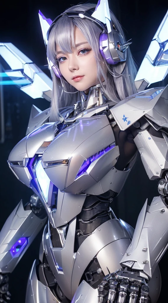 ((Intense action pose:1.6))、((Shining lenses on both breasts:1.3))、((Blue pillars of light are emanating from both chests.:1.3))、smile、((8K)), ((32k)), ((Highest quality)), ((masterpiece)), ((超A high resolution)), ((Tmasterpiece)), ((Halation:1.4))、((Mechaニカルheadgear:1.2))、((Cyber headphones:1.3))、Fine skin, High quality fabric, Fine metal texture、((Beautiful and dense face))、RAW Photos、Professional, Ultra-fine painting, ((alone)), Beautiful breasts、Highest quality, Very detailed, Very detailed詳細, Finer details, so beautiful, ((Princess Knight Robot:1.2)), (Joints of machines, Mechanical Limbs:1.3), (The internal structure of the machine is exposed:1.3), (Long silver hair:1.1), (Beautiful and huge mechanical breasts)、White Veil, cowboy_shot, Side Focus, headgear, Shiny、(Five Fingers, Four fingers and thumb),Concept Art, Anime fantasy artwork, Detailed fantasy art, (with pale blue-violet hair and large white wings,,,,,,,), (((Long silver hair))), (Mecha:1.6)、Sleek and intimidating design, ((Commander-in-Chief'arm)), (Perfect robot body)、純白と青紫armまたは, Symmetrical wings, 8K high quality, detailed art, 3D rendering of character art in 8K, neat legs, Defined, Defined fingers,