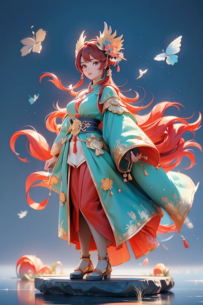 （masterpiece），best quality，An IP female character design with traditional Chinese cultural elements。The elements of IP are adopted by Dunhuang Suzaku，The colors and clothing designs are also in the style of Dunhuang。Generate full-body IP images with correct posture。