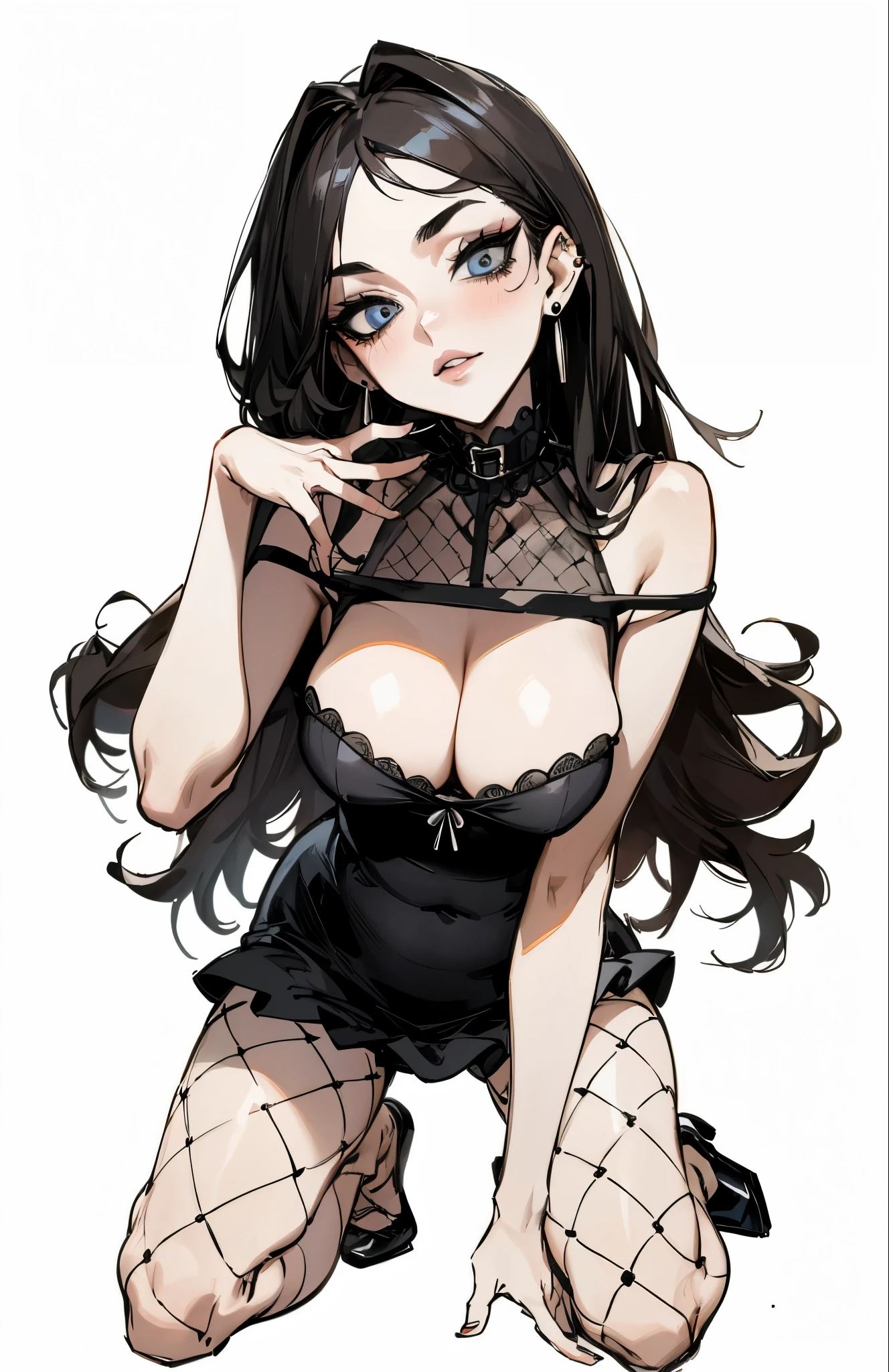 (best quality,masterpiece:1.2,detailed details,4k),((masterpiece)), ((best quality)), (ultra-detailed), anime style,large breast, slim, slender, ashamed, all fours ,Kneeling,Girl with modern gothic makeup, fair skin, long legs, black eyeshadow, camisole, plump figure, earrings and lip studs, fishnet stockings, posing in an attractive pose, lovable expression