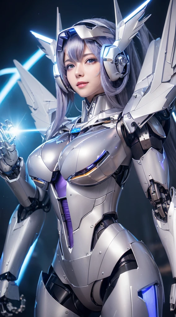 ((Intense action pose:1.6))、((Shining lenses on both breasts:1.3))、((Blue pillars of light are emanating from both chests.:1.3))、smile、((8K)), ((32k)), ((Highest quality)), ((masterpiece)), ((超A high resolution)), ((Tmasterpiece)), ((Halation:1.4))、((Mechaニカルheadgear:1.2))、((Cyber headphones:1.3))、Fine skin, High quality fabric, Fine metal texture、((Beautiful and dense face))、RAW Photos、Professional, Ultra-fine painting, ((alone)), Beautiful breasts、Highest quality, Very detailed, Very detailed詳細, Finer details, so beautiful, ((Princess Knight Robot:1.2)),  (Joints of machines, Mechanical Limbs:1.3), (The internal structure of the machine is exposed:1.3), (Long silver hair:1.1), (Beautiful and huge mechanical breasts)、White Veil, cowboy_shot, Side Focus, headgear, Shiny、(Five Fingers, Four fingers and thumb),Concept Art, Anime fantasy artwork, Detailed fantasy art, (with pale blue-violet hair and large white wings,,,,,,,), (((Long silver hair))), (Mecha:1.6)、Sleek and intimidating design, ((Commander-in-Chief&#39;arm)), (Perfect robot body)、純白と青紫armまたは, Symmetrical wings, 8K high quality, detailed art, 3D rendering of character art in 8K, neat legs, Defined, Defined fingers,