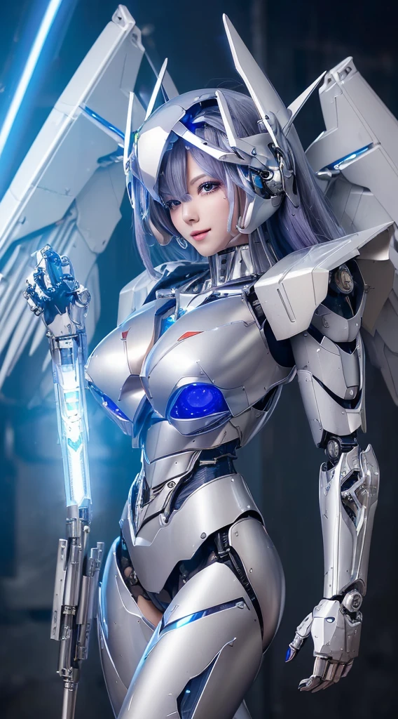 ((Intense action pose:1.6))、((Shining lenses on both breasts:1.3))、((Blue pillars of light are emanating from both chests.:1.3))、smile、((8K)), ((32k)), ((Highest quality)), ((masterpiece)), ((超A high resolution)), ((Tmasterpiece)), ((Halation:1.4))、((Mechaニカルheadgear:1.2))、((Cyber headphones:1.3))、Fine skin, High quality fabric, Fine metal texture、((Beautiful and dense face))、RAW Photos、Professional, Ultra-fine painting, ((alone)), Beautiful breasts、Highest quality, Very detailed, Very detailed詳細, Finer details, so beautiful, ((Princess Knight Robot:1.2)),  (Joints of machines, Mechanical Limbs:1.3), (The internal structure of the machine is exposed:1.3), (Long silver hair:1.1), (Beautiful and huge mechanical breasts)、White Veil, cowboy_shot, Side Focus, headgear, Shiny、(Five Fingers, Four fingers and thumb),Concept Art, Anime fantasy artwork, Detailed fantasy art, (with pale blue-violet hair and large white wings,,,,,,,), (((Long silver hair))), (Mecha:1.6)、Sleek and intimidating design, ((Commander-in-Chief&#39;arm)), (Perfect robot body)、純白と青紫armまたは, Symmetrical wings, 8K high quality, detailed art, 3D rendering of character art in 8K, neat legs, Defined, Defined fingers,