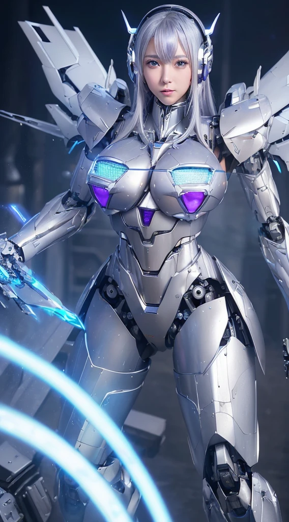 ((Intense action pose:1.6))、((Shining lenses on both breasts:1.3))、((Blue pillars of light are emanating from both chests.:1.3))、smile、((8K)), ((32k)), ((Highest quality)), ((masterpiece)), ((超A high resolution)), ((Tmasterpiece)), ((Halation:1.4))、((Mechaニカルheadgear:1.2))、((Cyber headphones:1.3))、Fine skin, High quality fabric, Fine metal texture、((Beautiful and dense face))、RAW Photos、Professional, Ultra-fine painting, ((alone)), Beautiful breasts、Highest quality, Very detailed, Very detailed詳細, Finer details, so beautiful, ((Princess Knight Robot:1.2)),  (Joints of machines, Mechanical Limbs:1.3), (The internal structure of the machine is :1.3), (Long silver hair:1.1), (Beautiful and huge mechanical breasts)、White Veil, cowboy_shot, Side Focus, headgear, Shiny、(Five Fingers, Four fingers and thumb),Concept Art, Anime fantasy artwork, Detailed fantasy art, (with pale blue-violet hair and large white wings,,,,,,,), (((Long silver hair))), (Mecha:1.6)、Sleek and intimidating design, ((Commander-in-Chief'arm)), (Perfect robot body)、純白と青紫armまたは, Symmetrical wings, 8K high quality, detailed art, 3D rendering of character art in 8K, neat legs, Defined, Defined fingers,