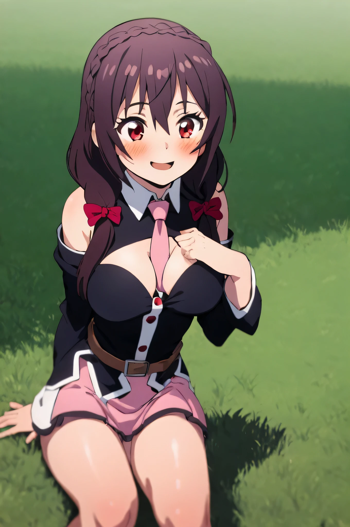 (masterpiece, Highest quality), One girl, Yunyun,Long Hair,Braiding,Twin tails,Hair between the eyes,Red hair ribbon,hair ornaments,large round breasts,、Pink Skirt、Black Hair、Red Eyes、(Happy Face:1.2)、Crown Blade,Black Shirt, Long sleeve,Pink tie, belt, Cleavage cutout、cowboy shot、(blush:1.ung face、(Sitting in the grass eating a sandwich)