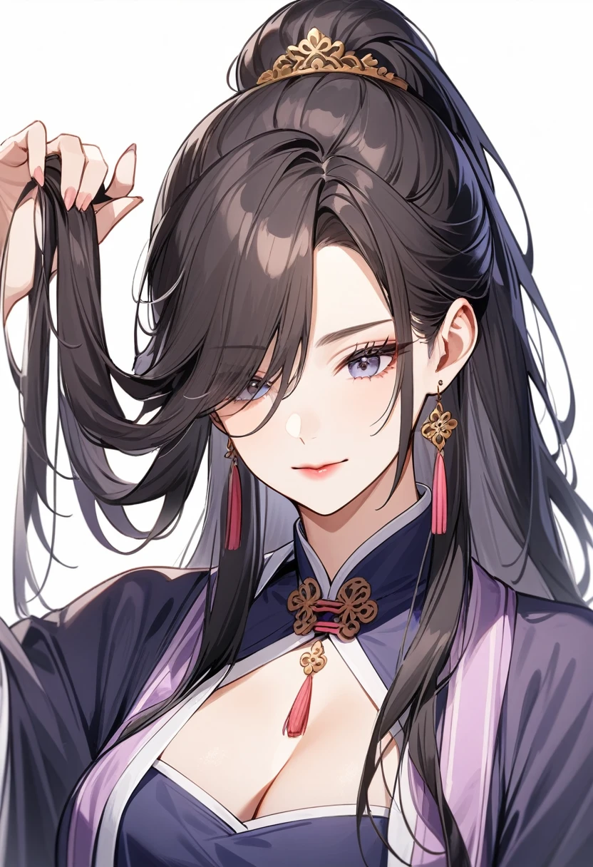 A royal sister is lifting her hair,Mature and beautiful,Black long hair,Chinese style,Hanfu,Showing cleavage,Extremely detailed,high resolution,Simple background