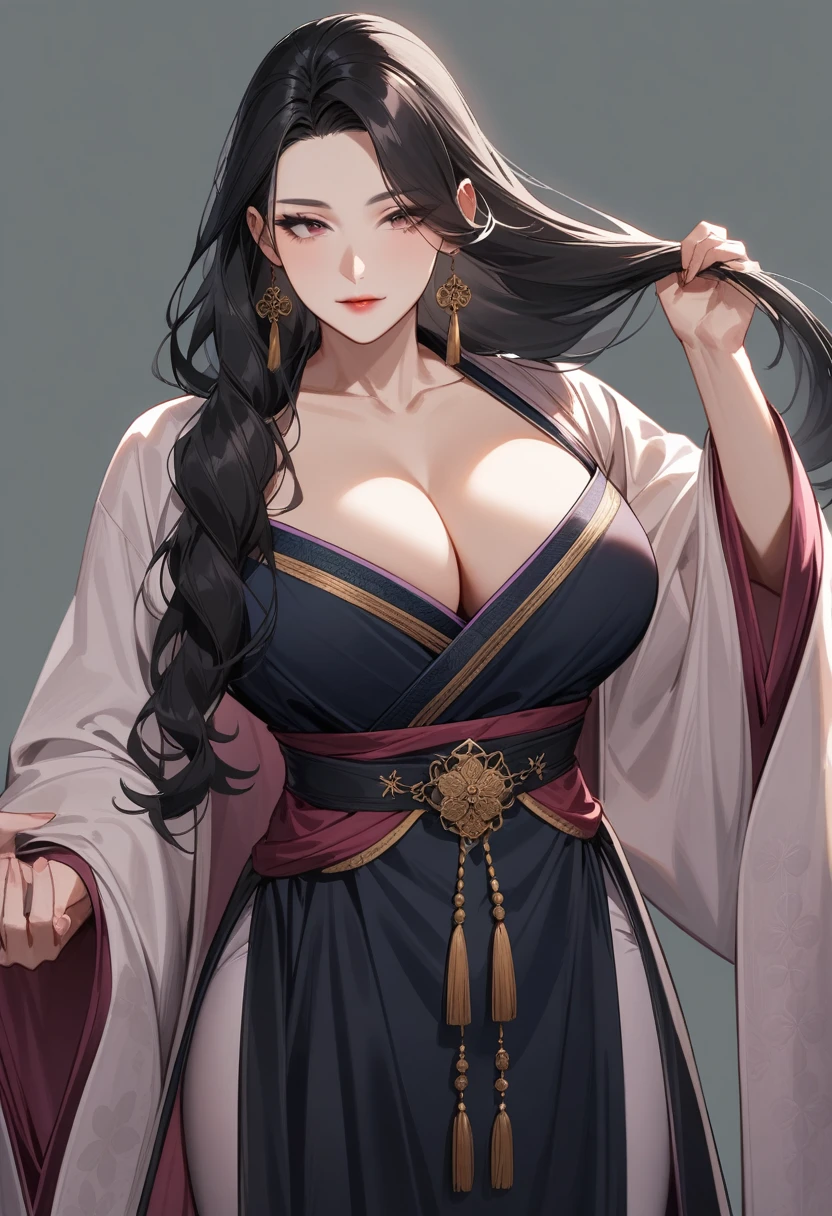 A royal sister is lifting her hair,Mature and beautiful,Black long hair,Chinese style,Hanfu,Showing cleavage,Extremely detailed,high resolution,Simple background