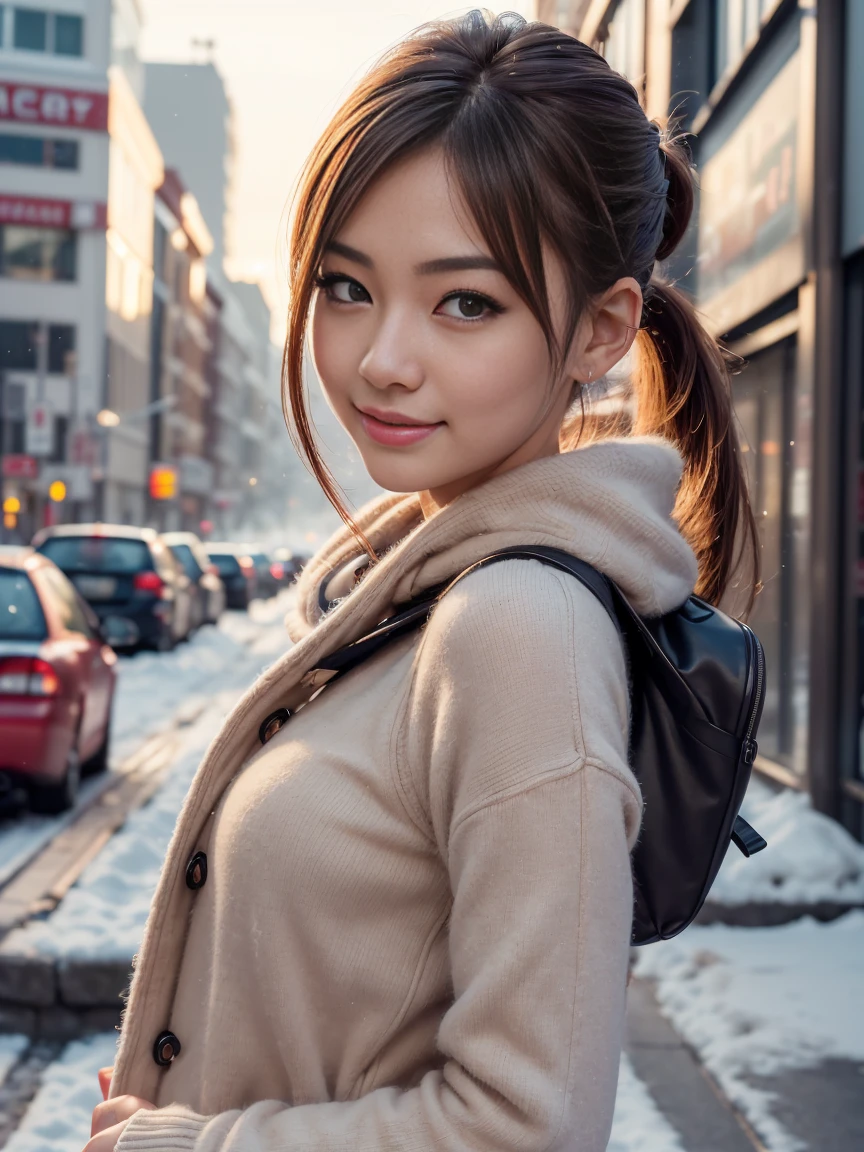 20 years old, big breasts, winter, european cityscape, night, outdoors, wearing a long coat, wearing jeans, full body, ((8k, RAW photo, highest quality, debris flies:1.2), (reality, reality的な:1.4), (Highly detailed 8k wallpaper), soft light, Details beauty eye, Shiny and smooth light brown ponytail, shiny skin, super dense skin, High resolution, detailed hairstyle, detailed beauty face, hyper real, perfect limbs, perfect ???????, 1 Japanese girl, perfect female body, shy smile, short eyelashes, double eyelid, Hair style is ponytail, Realistic Red Sotheby Girl Photo, short bob cut, nude, Backpack,