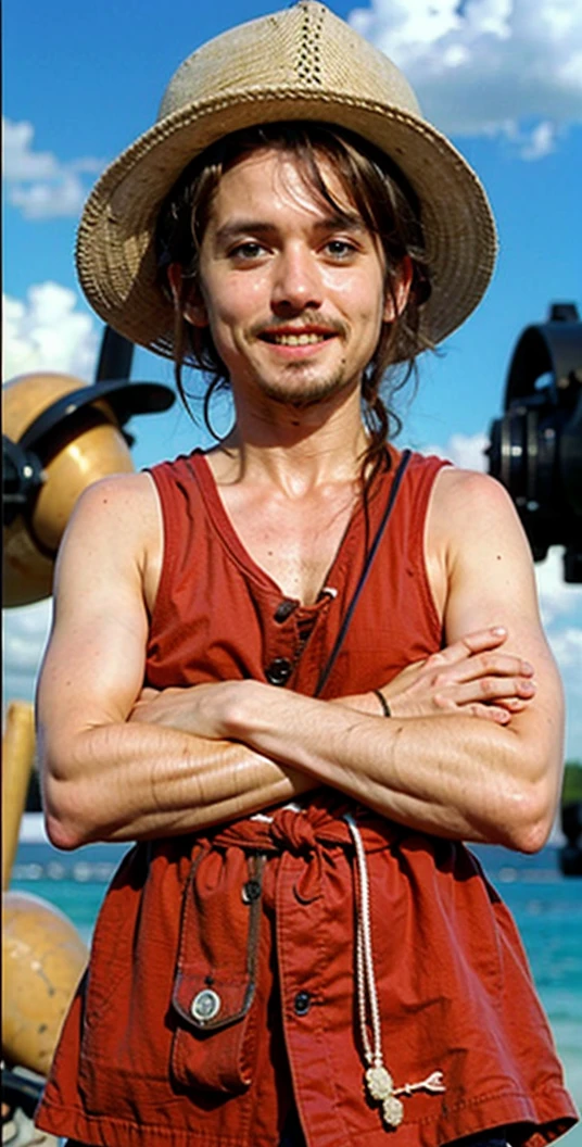 Men,strawhat, sleeveless red shirt, smiling,black hair,