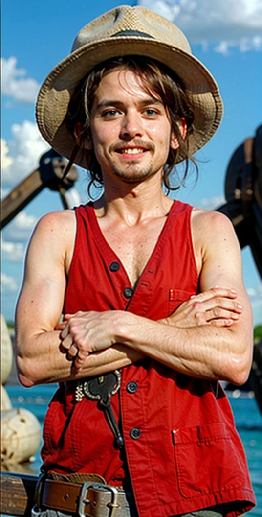 Men,strawhat, sleeveless red shirt, smiling,black hair,