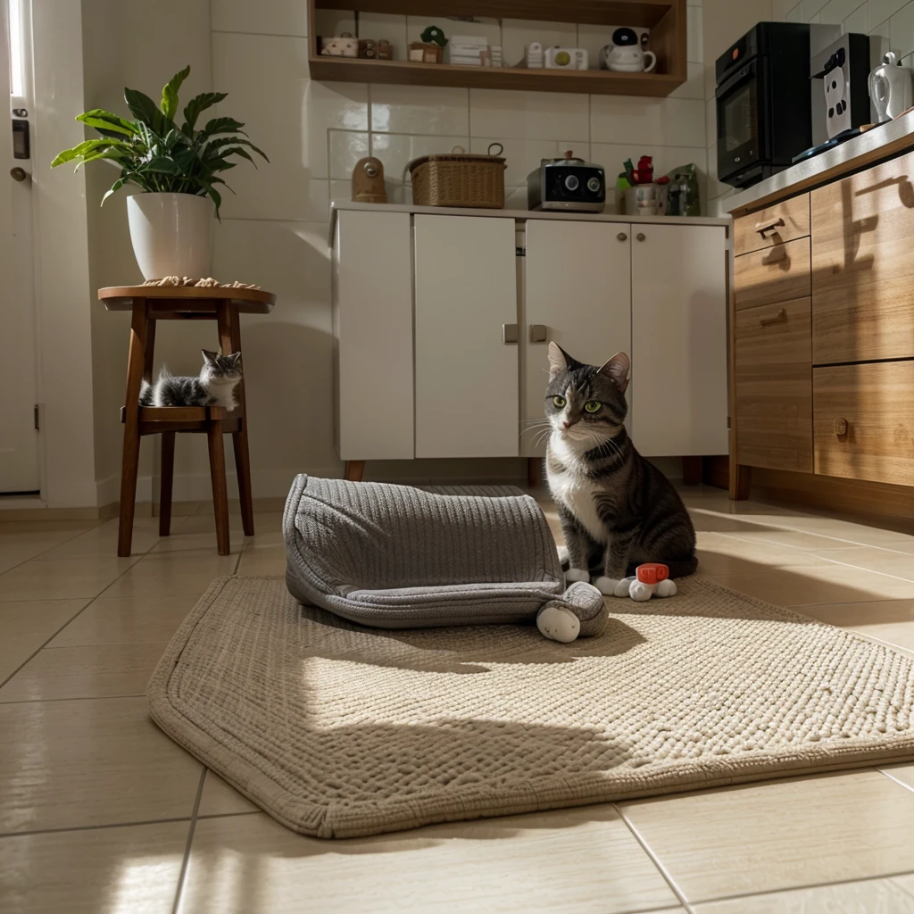 This humorous photo features a casual、Frank artistic style，Most likely not created by a professional artist。In the center of the composition is a large gray tabby cat，it has green eyes，lying on tile floor，Next to him is a very small and almost identical cat。Household items in the background，such as humidifier、Patterned floor mats and partially visible storage and furniture，implying that this is an environment。The cute and whimsical nature of the mini cats adds a playful contrast to the image，Make it visually engaging and lovable。