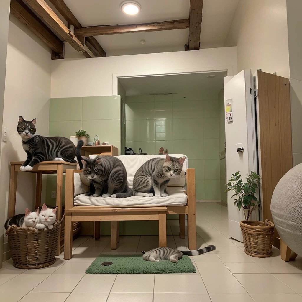 This humorous photo features a casual、Frank artistic style，Most likely not created by a professional artist。In the center of the composition is a large gray tabby cat，it has green eyes，lying on tile floor，Next to him is a very small and almost identical cat。Household items in the background，such as humidifier、Patterned floor mats and partially visible storage and furniture，implying that this is an environment。The cute and whimsical nature of the mini cats adds a playful contrast to the image，Make it visually engaging and lovable。