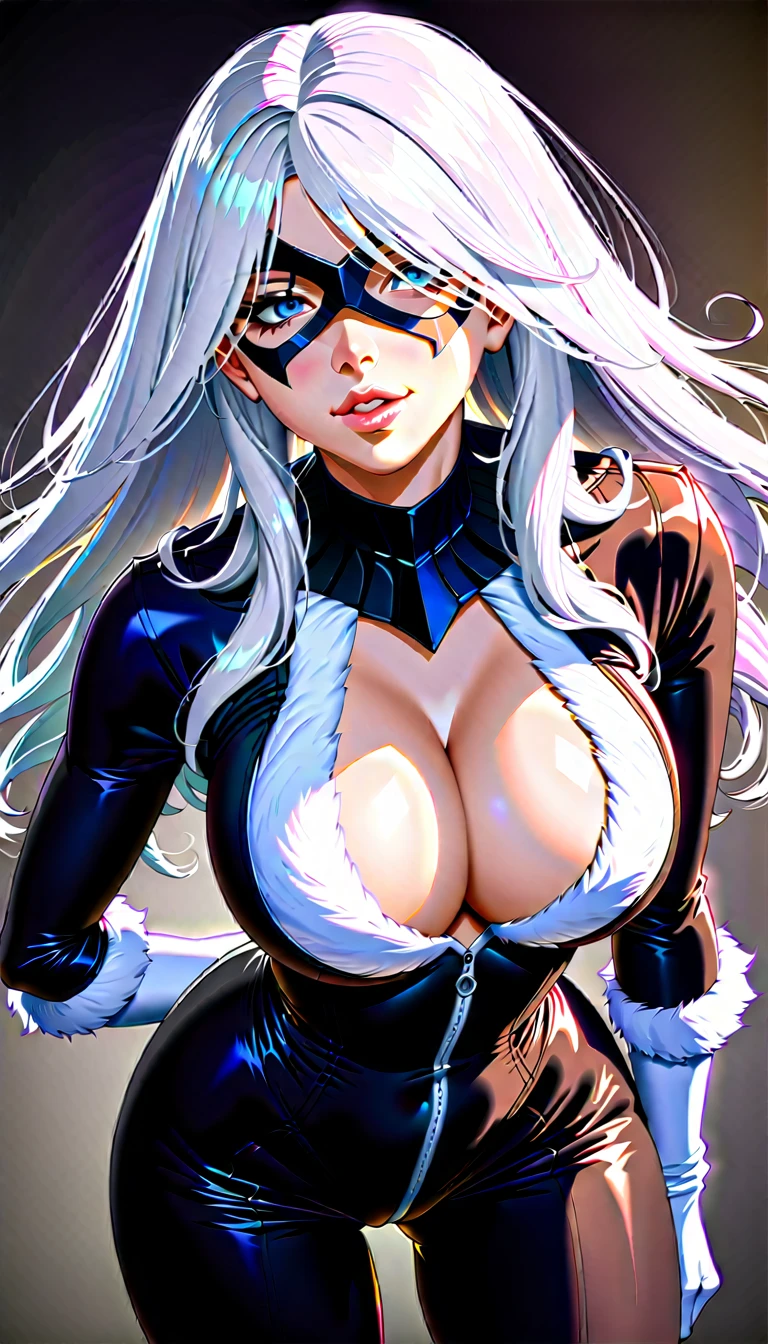 (high quality, 8k, 4K, high contrast, artwork:1.2, high quality, best aesthetics), (dynamic angle), ((1 woman)), (, sensual, mature body), (super detailed, beautiful face detailed, beautiful eyes detailed, detailed beautiful mouth), ( body, perfect breats, perfect wide thighs), (long, wavy white hair), (blue eyes), (black hero/villain mask over his eyes), (black  with  on the  with white gloves and white fur details around the neckline and gloves), (sensual  expression), (standing in an upright, centered posture), (looking directly at the viewer)